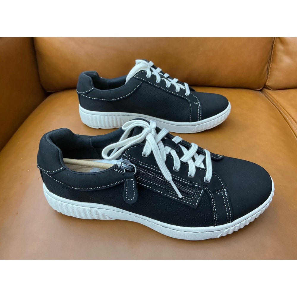 Clarks Caroline Ayla Sneaker Womens 8 Wide Black New Leather Side Zip Comfort